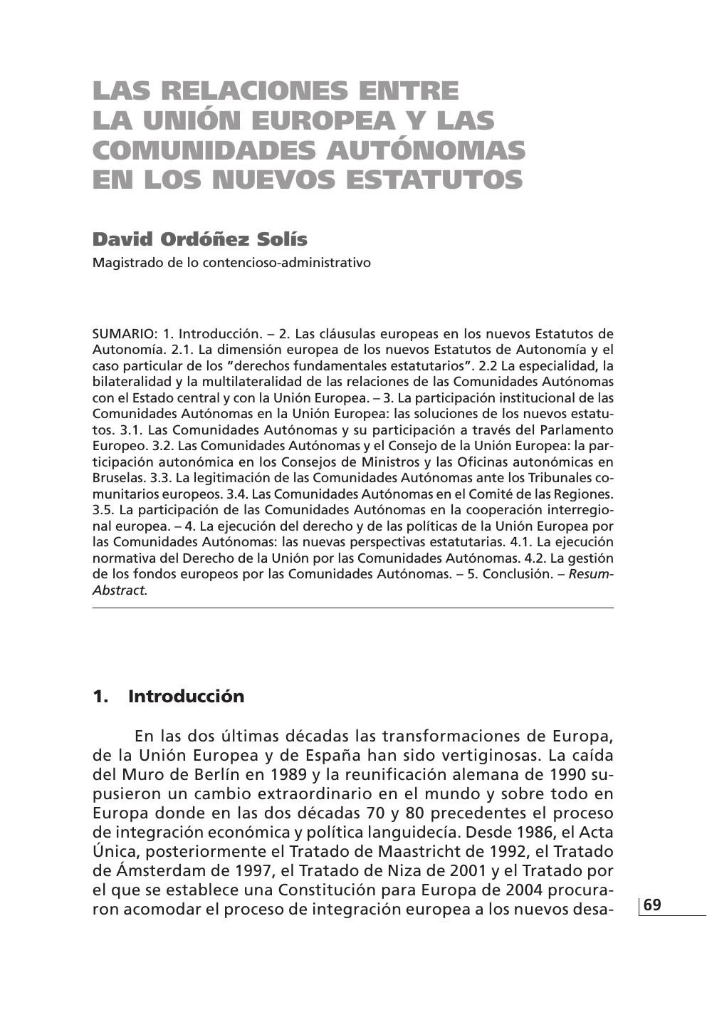 Las relaciones entre la union Europea y las comunidades autonomas en los nuevos estatutos